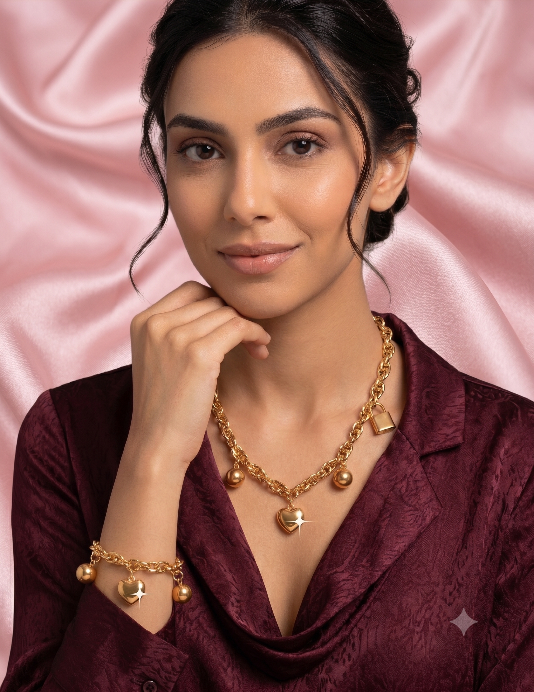 Set collana e braccialetto dorato in acciaio inossidabile con Ciondoli Cuore e Lucchetto - immagine 2