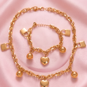 Set collana e braccialetto dorato in acciaio inossidabile con Ciondoli Cuore e Lucchetto