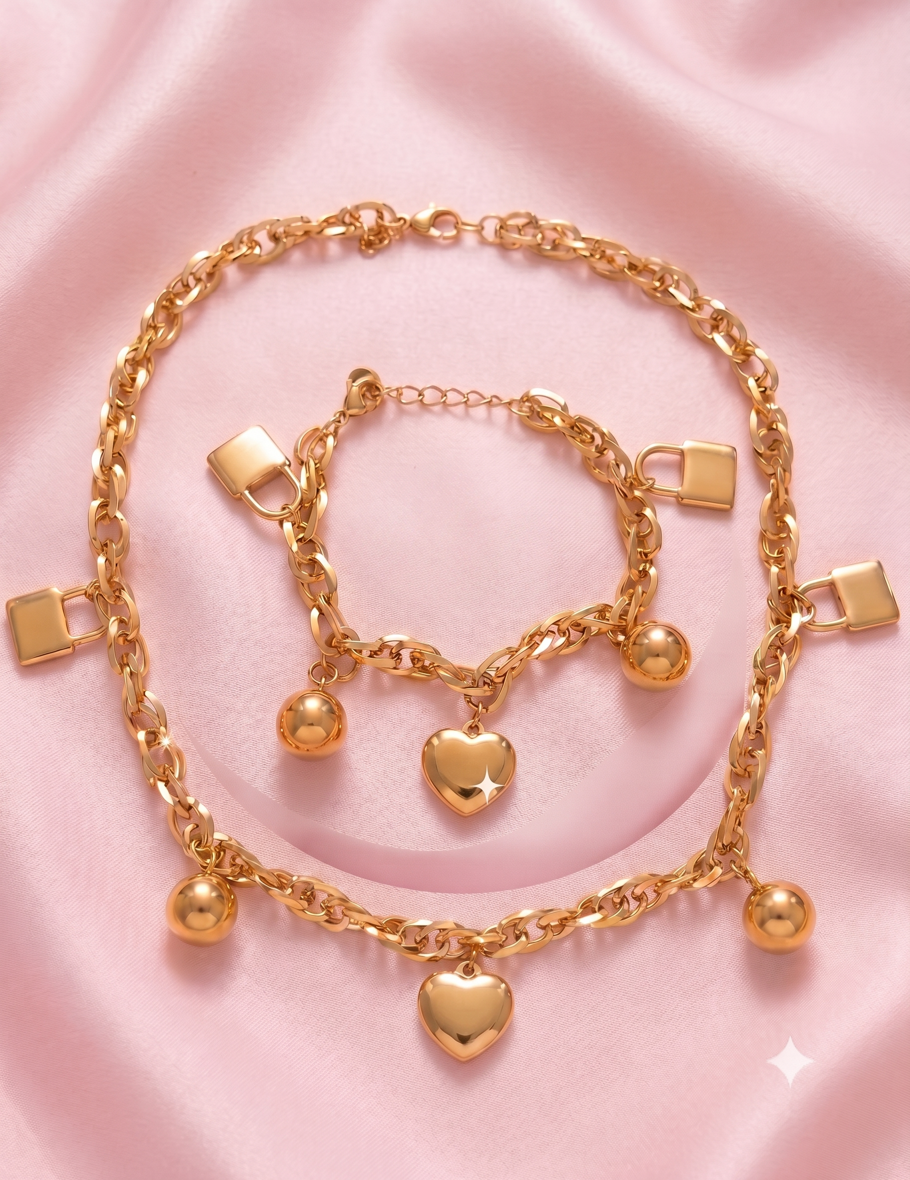 Set collana e braccialetto dorato in acciaio inossidabile con Ciondoli Cuore e Lucchetto